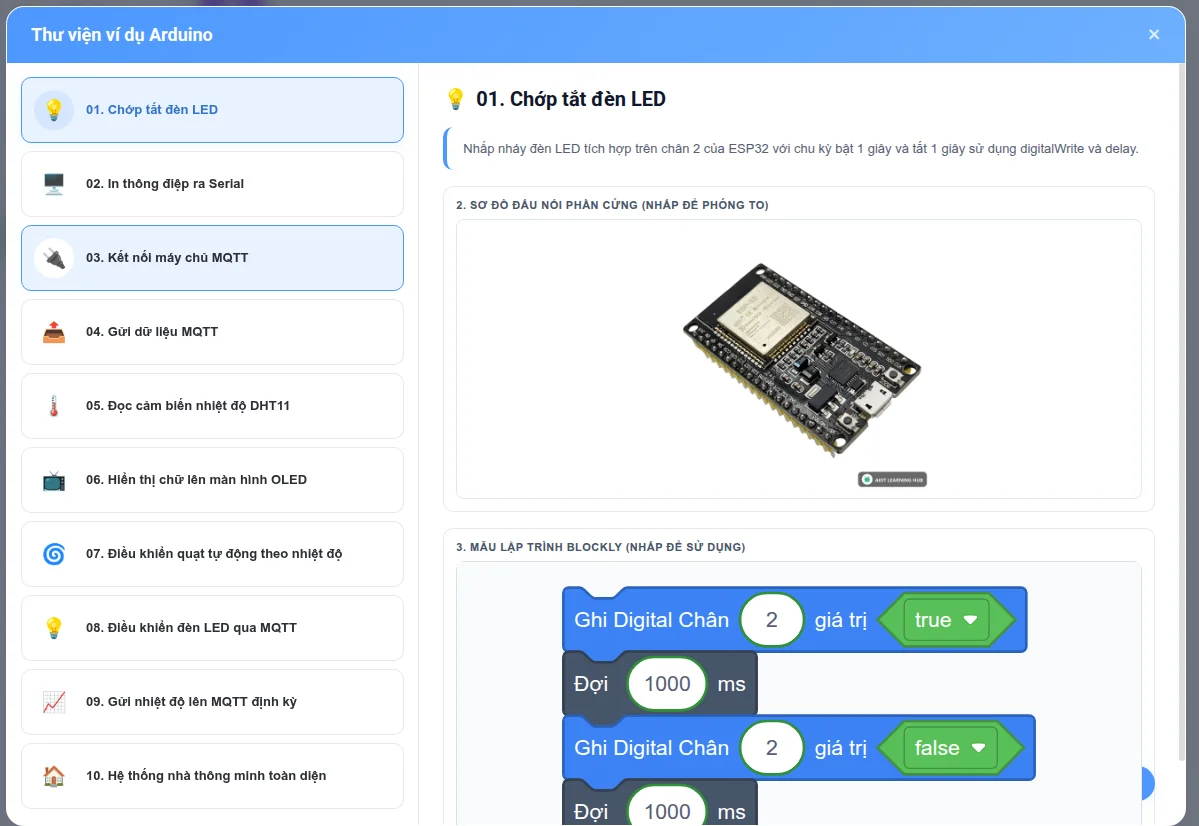 Thư viện ví dụ lập trình Scratch Arduino với các mẫu mã lệnh trực quan
