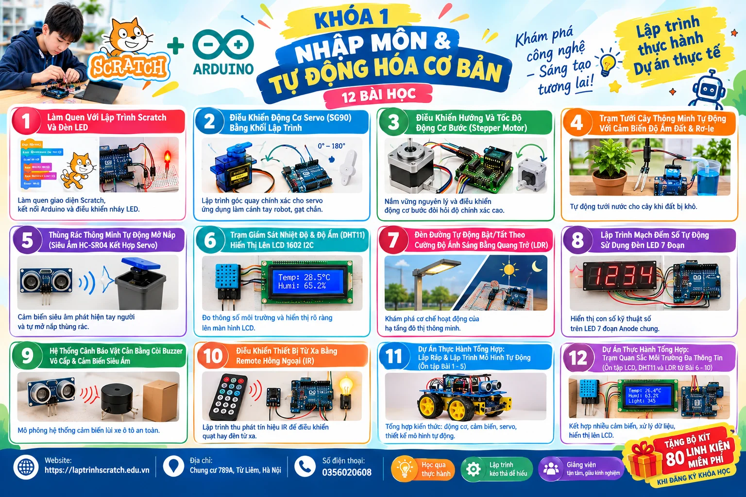 Lộ trình chi tiết 12 bài học khóa học lập trình Scratch và Arduino tự động hóa cơ bản cho trẻ em